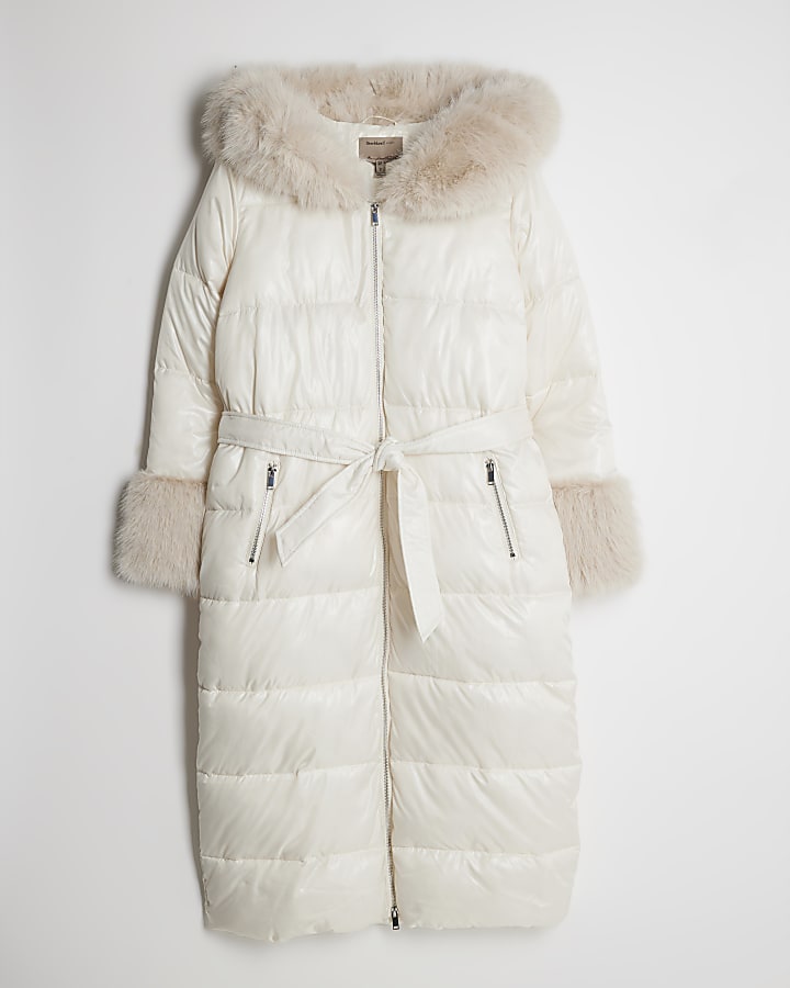 Cream Longline Faux Fur Hooded Coat