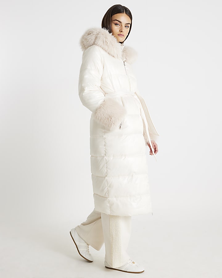 Cream Longline Faux Fur Hooded Coat