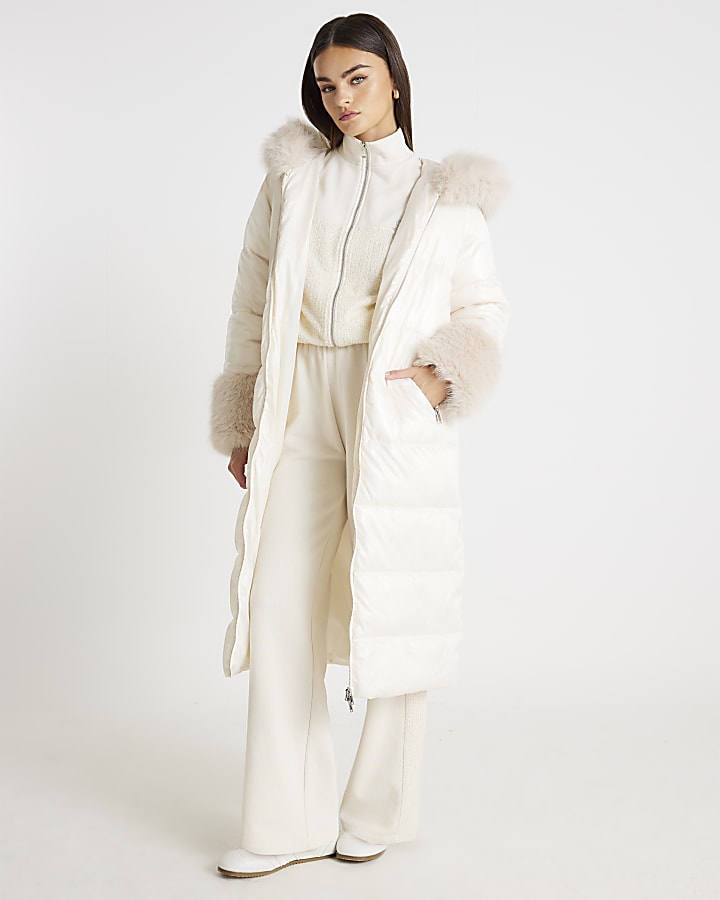 Cream Longline Faux Fur Hooded Coat