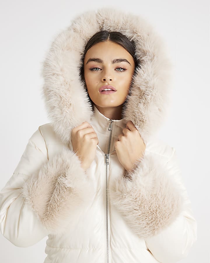 Cream Longline Faux Fur Hooded Coat