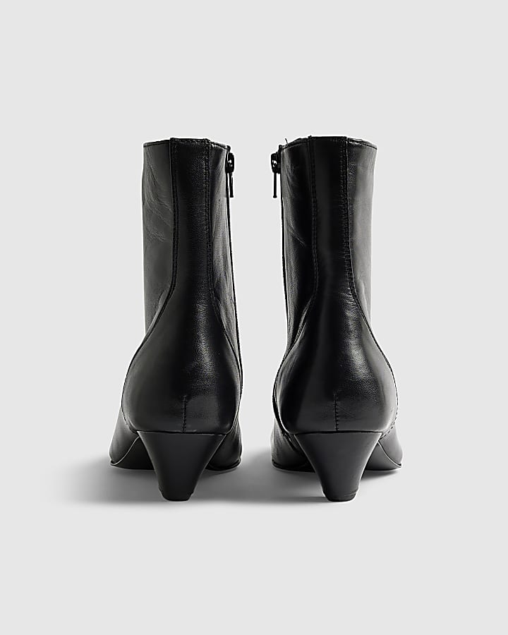 Black Leather Cone Kitten Heel Boots