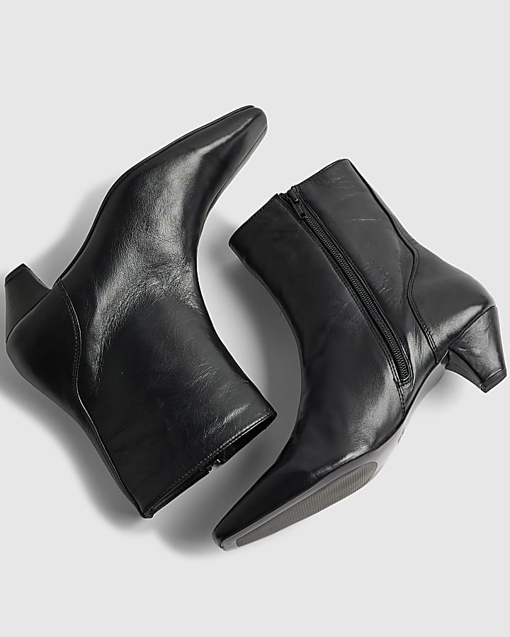 Black Leather Cone Kitten Heel Boots