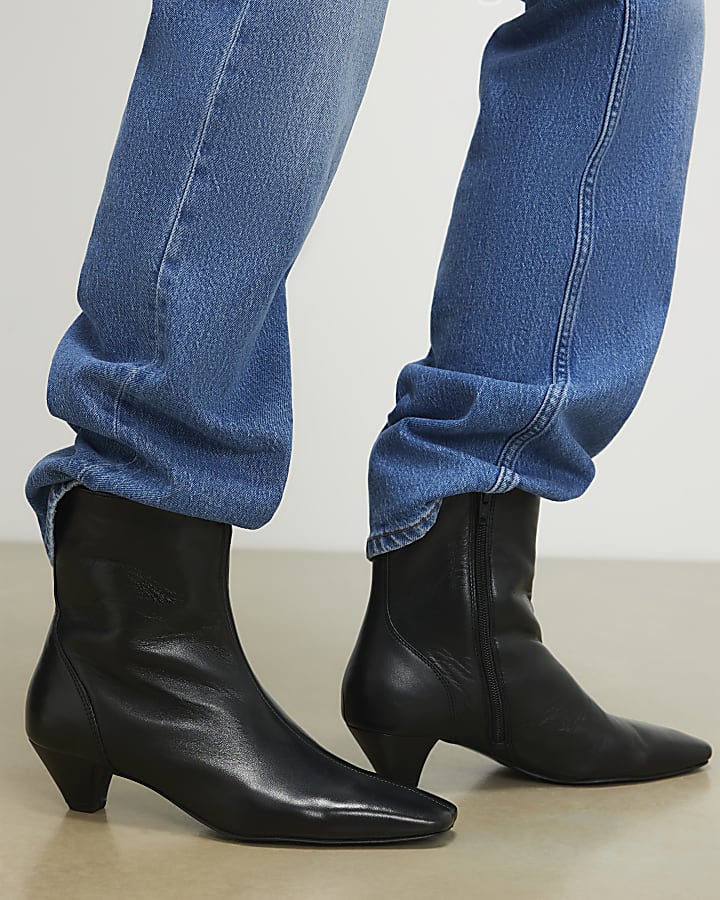 Black Leather Cone Kitten Heel Boots
