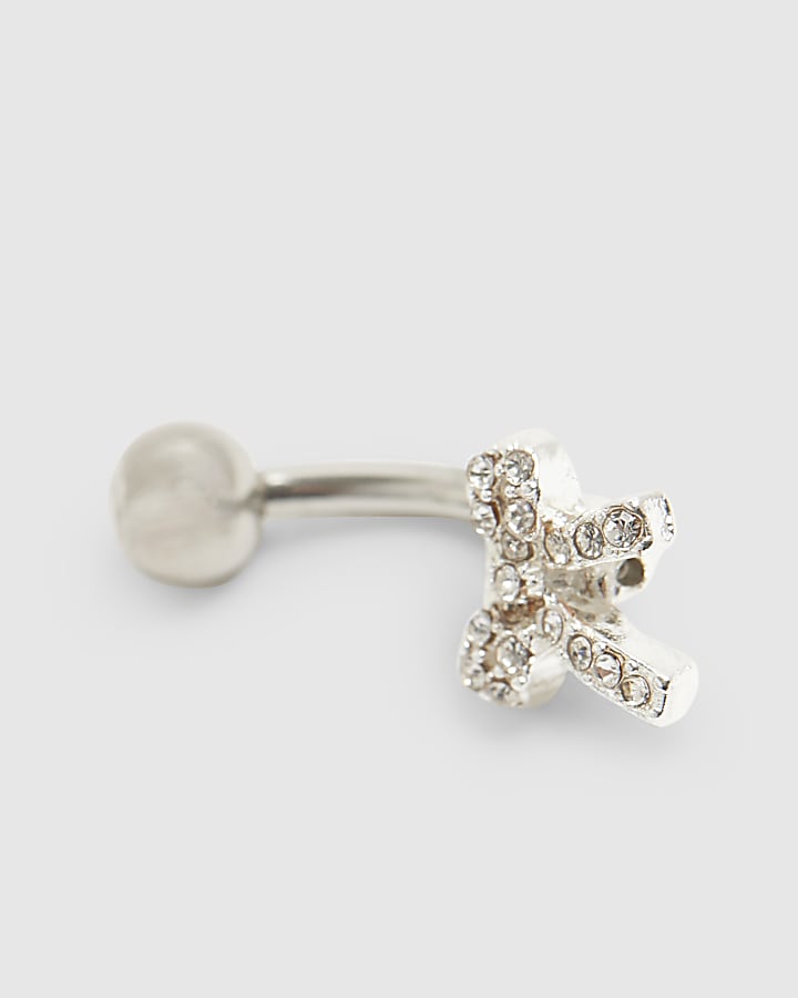 Silver diamante bow belly bar