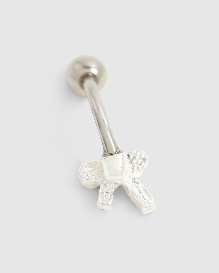 Silver diamante bow belly bar