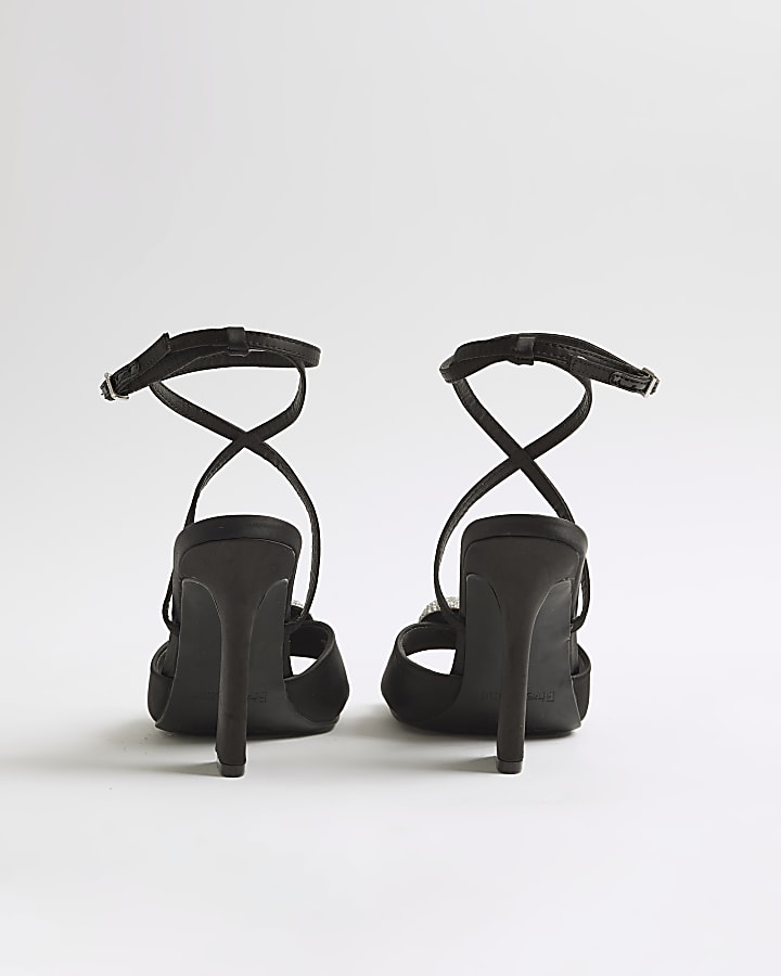 Black Embellished Heart Heeled Sandals