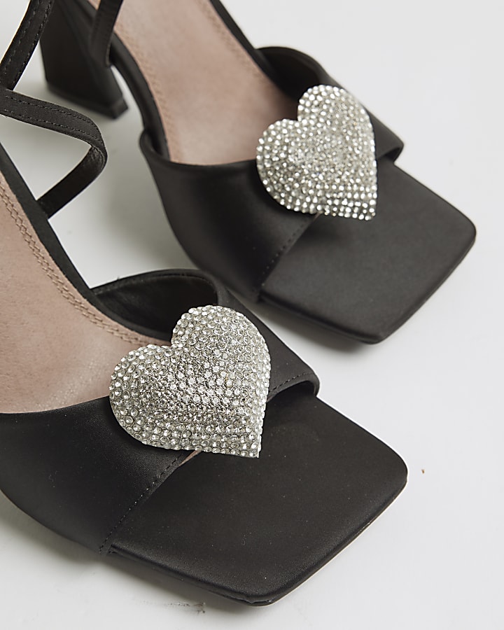Black Embellished Heart Heeled Sandals