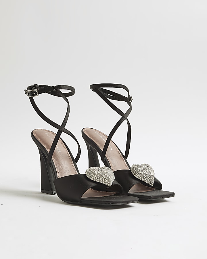 Black Embellished Heart Heeled Sandals