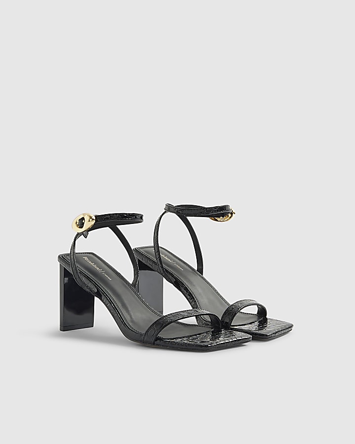 Black Croc Print Block Heel Sandals