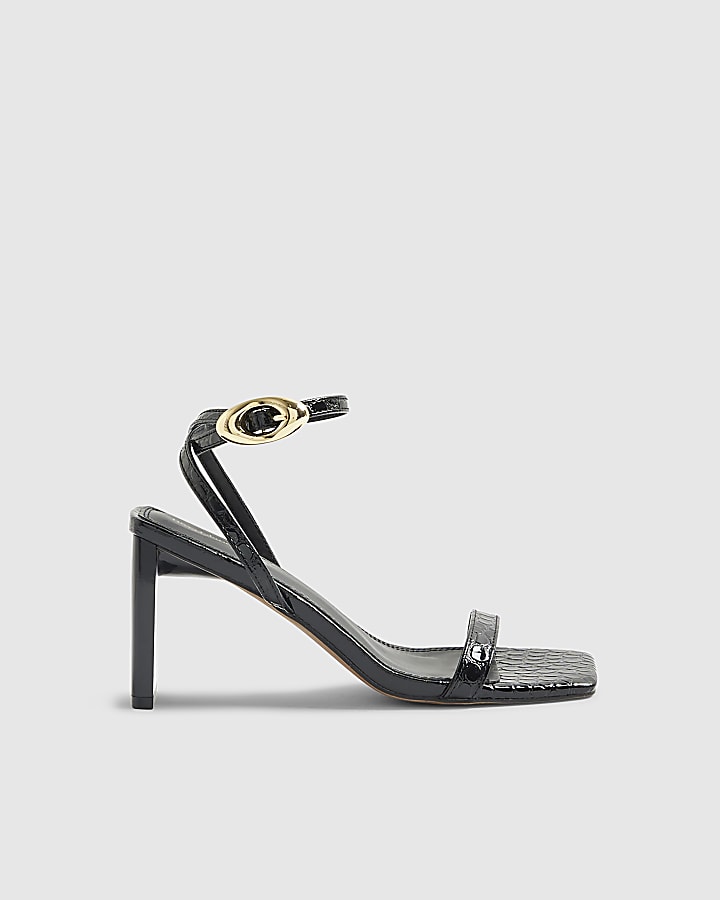 Black Croc Print Block Heel Sandals