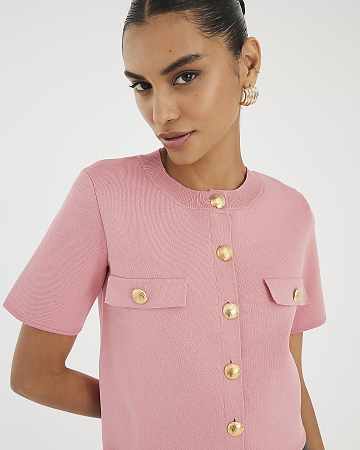 Pink Military Button Knit T-Shirt