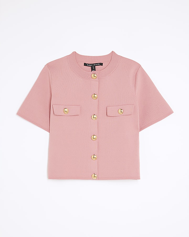 Pink Military Button Knit T-Shirt
