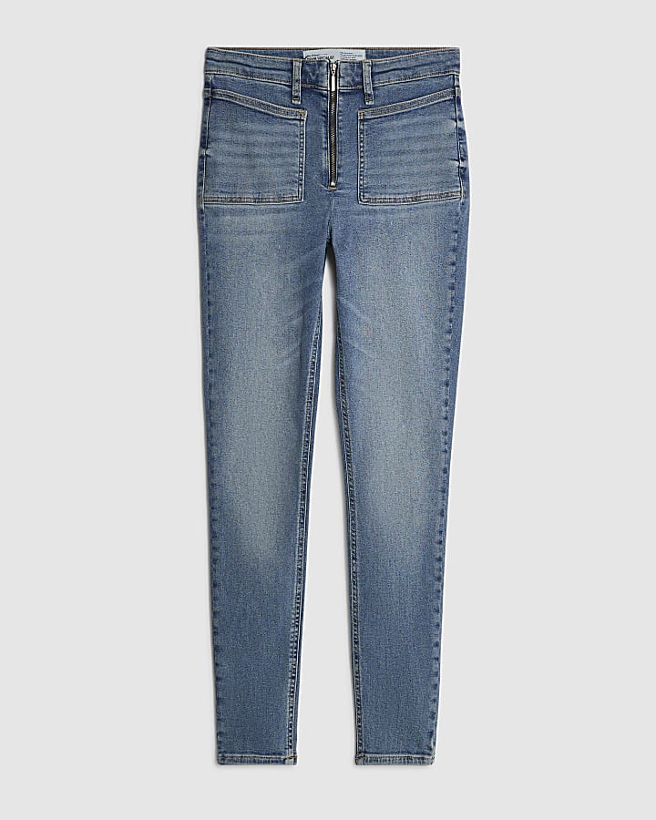 Blue High Rise Zip front Skinny Jeans