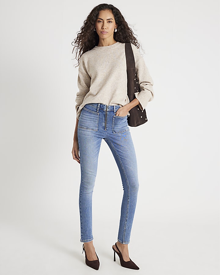 Blue High Rise Zip front Skinny Jeans