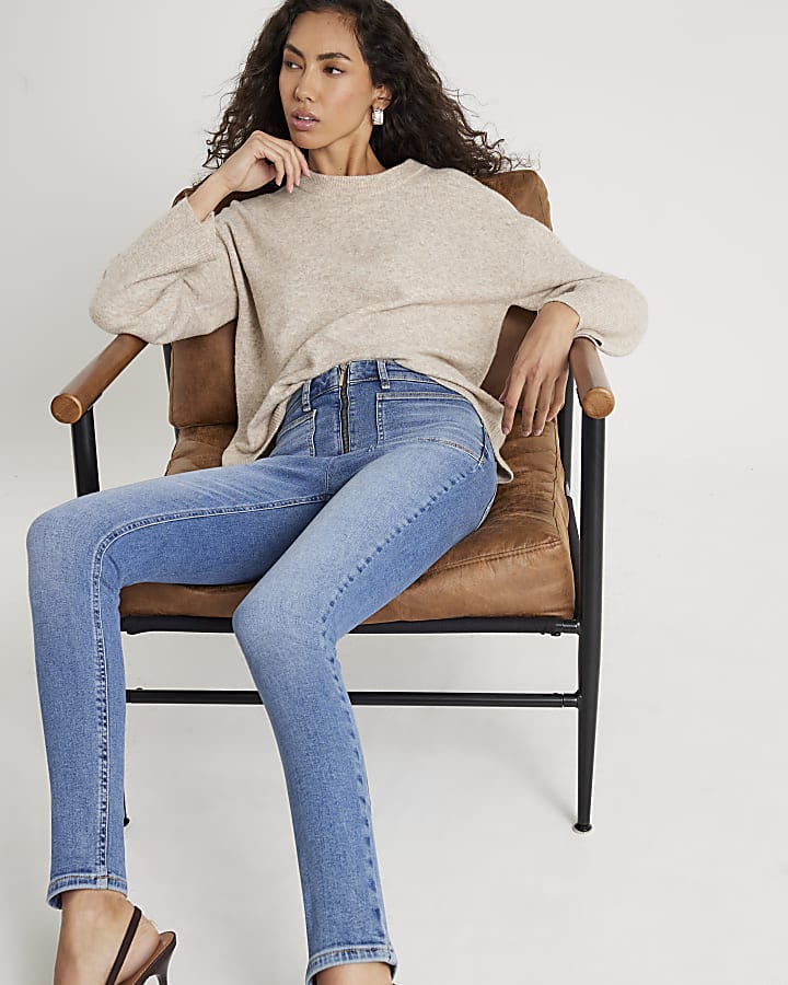 Blue High Rise Zip front Skinny Jeans
