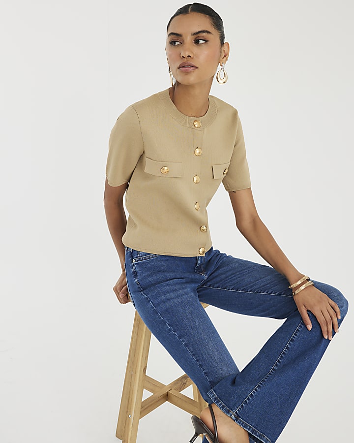 Brown Military Button Detail T-shirt