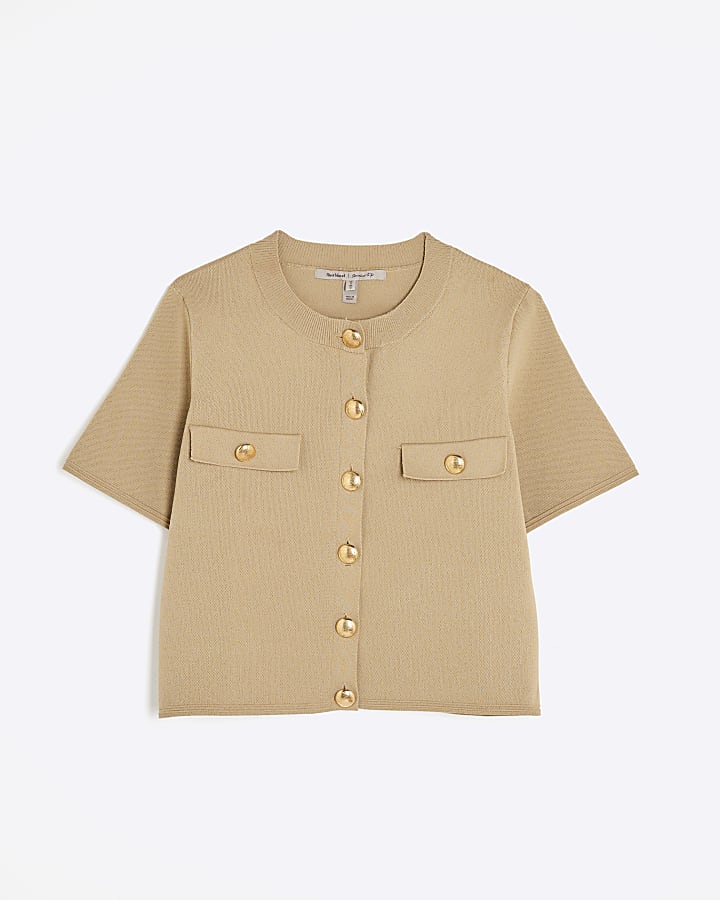 Brown Military Button Detail T-shirt