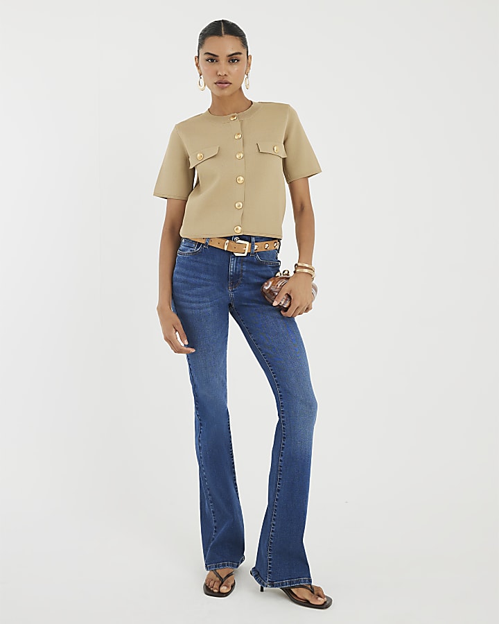 Brown Military Button Detail T-shirt