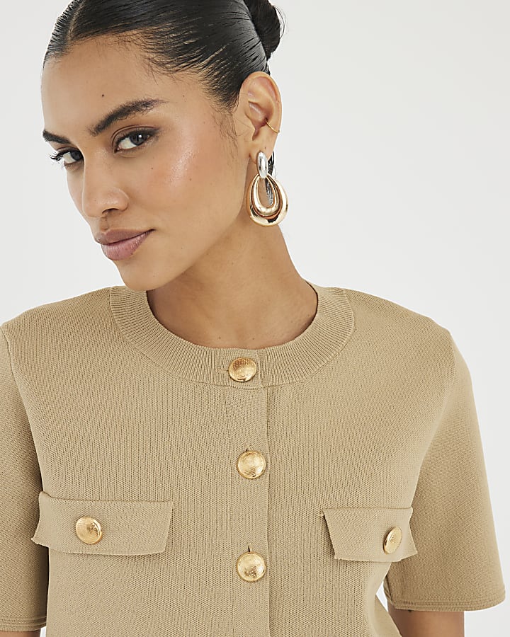 Brown Military Button Detail T-shirt