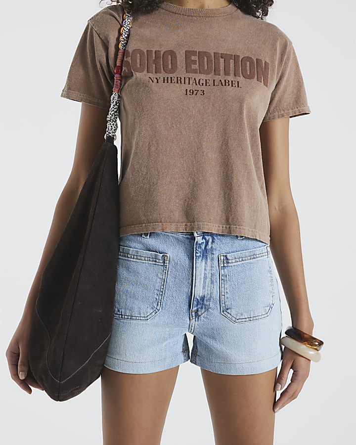 Blue Denim High Rise Front Pocket Shorts