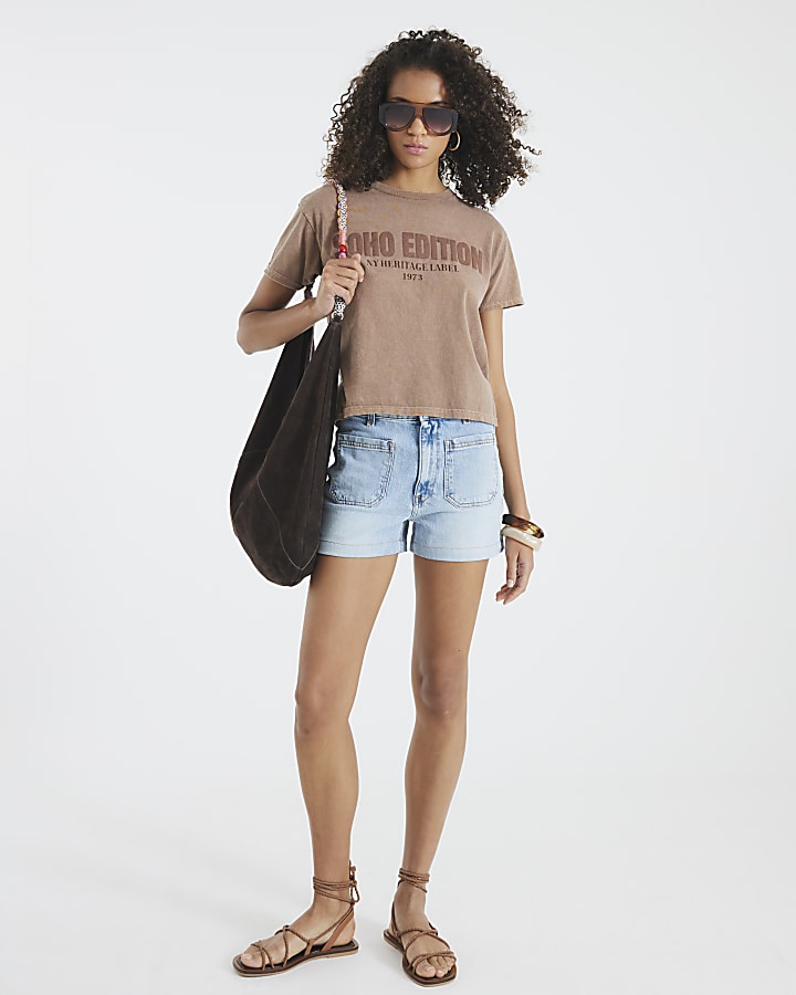 Blue Denim High Rise Front Pocket Shorts