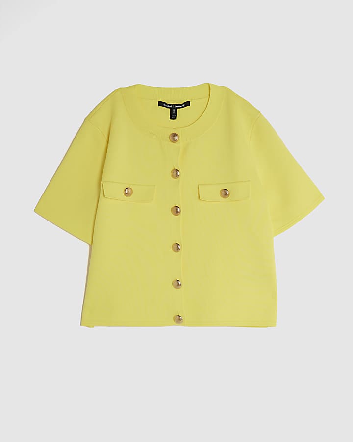 Yellow Knitted Short Sleeve Button Up Top