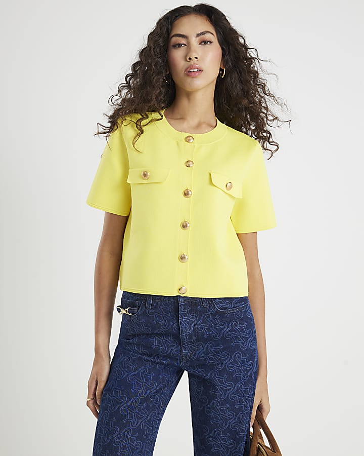 Yellow Knitted Short Sleeve Button Up Top