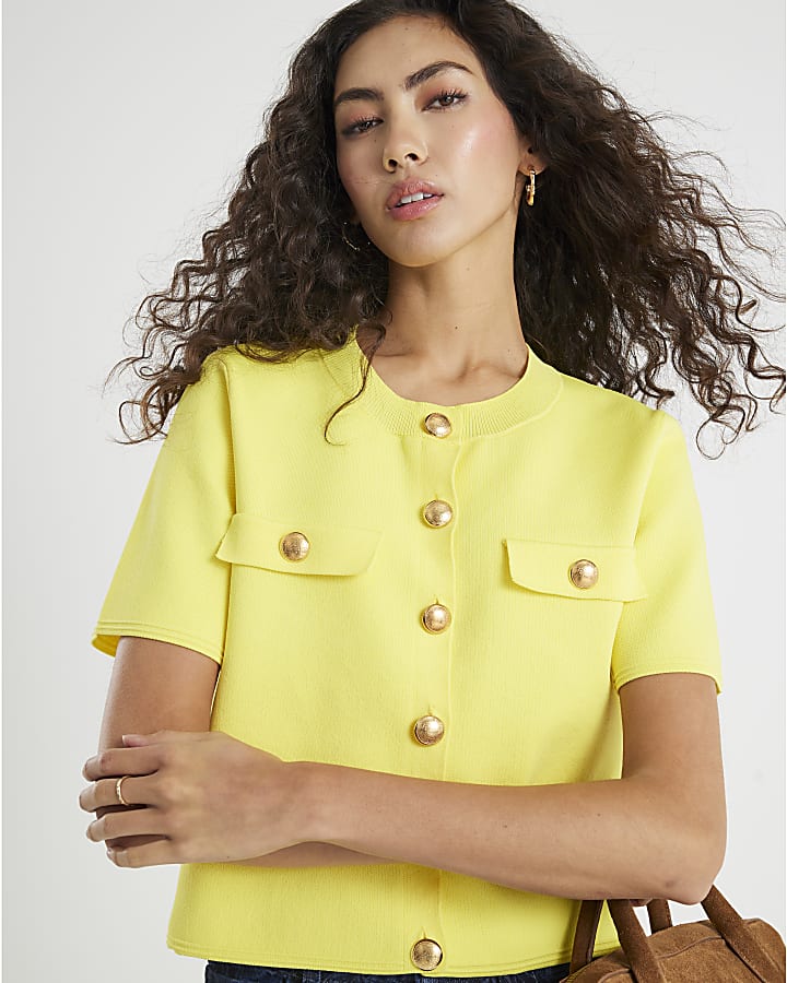 Yellow Knitted Short Sleeve Button Up Top
