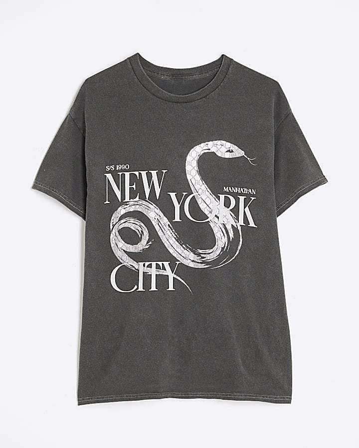 Grey Washed New York Snake Print T-shirt