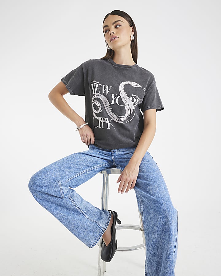 Grey Washed New York Snake Print T-shirt