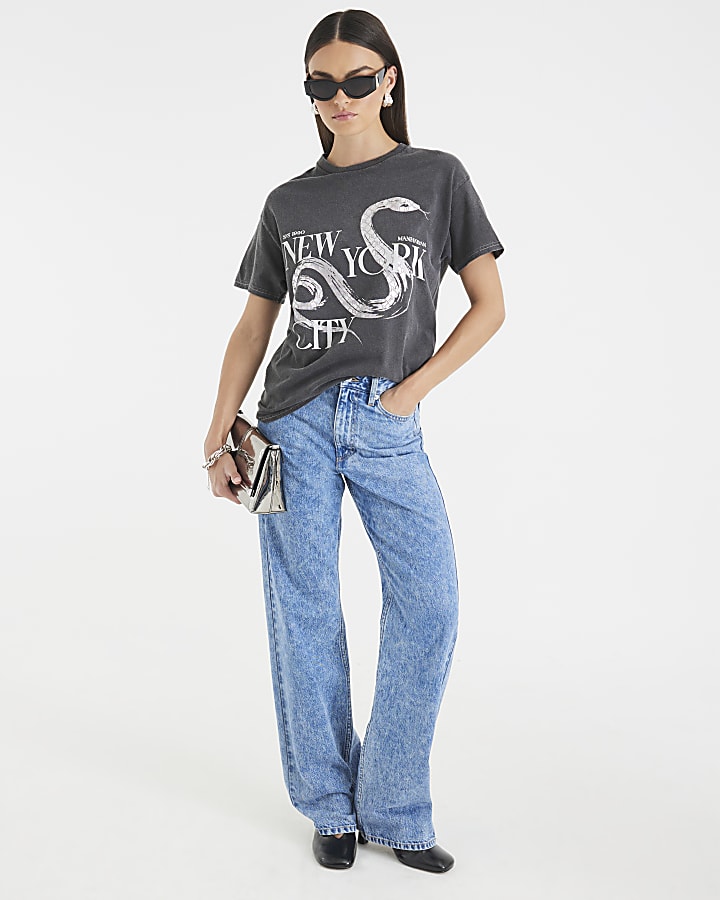 Grey Washed New York Snake Print T-shirt