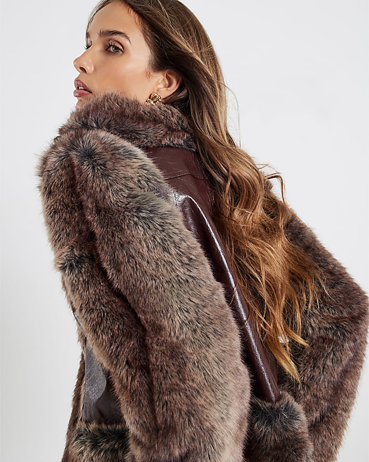 Brown Faux Fur Trim Panelled Jacket