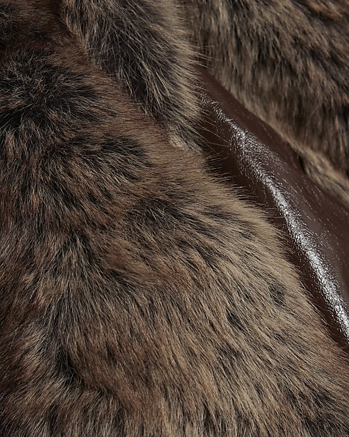 Brown Faux Fur Trim Panelled Jacket