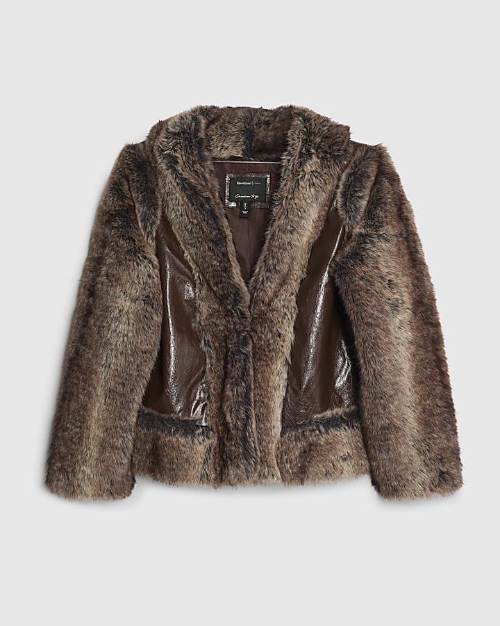 Brown Faux Fur Trim Panelled Jacket