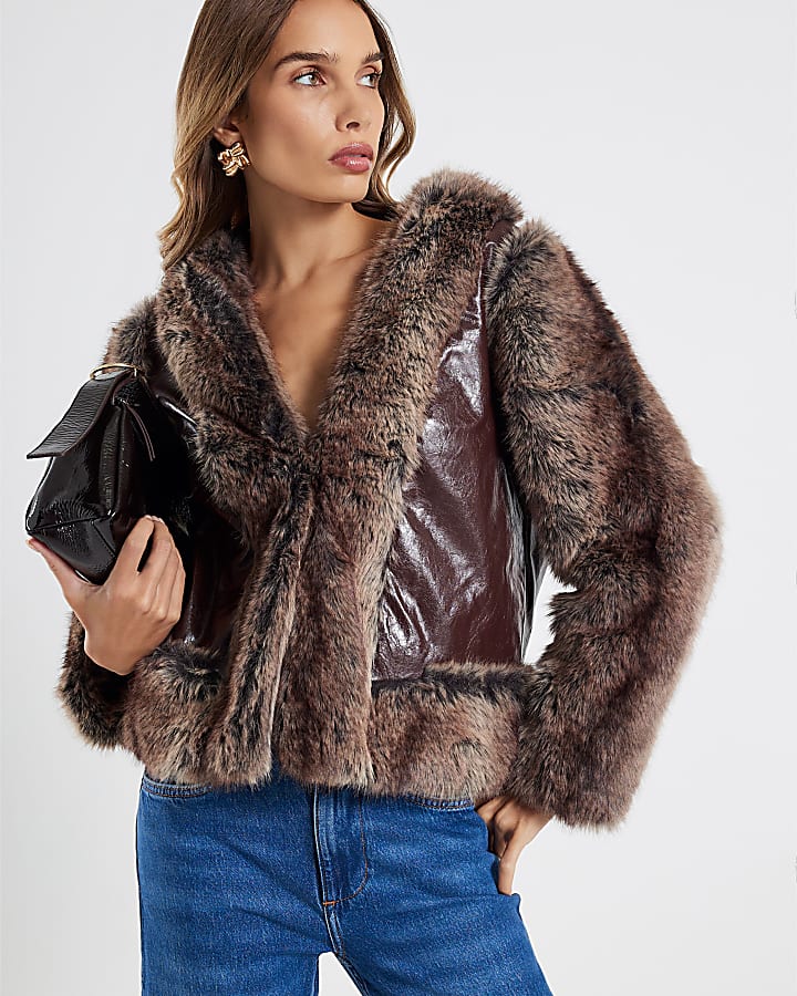 Brown Faux Fur Trim Panelled Jacket