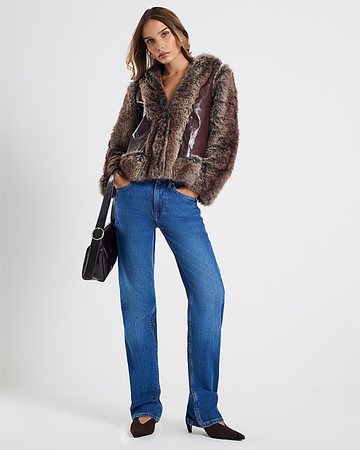 Brown Faux Fur Trim Panelled Jacket