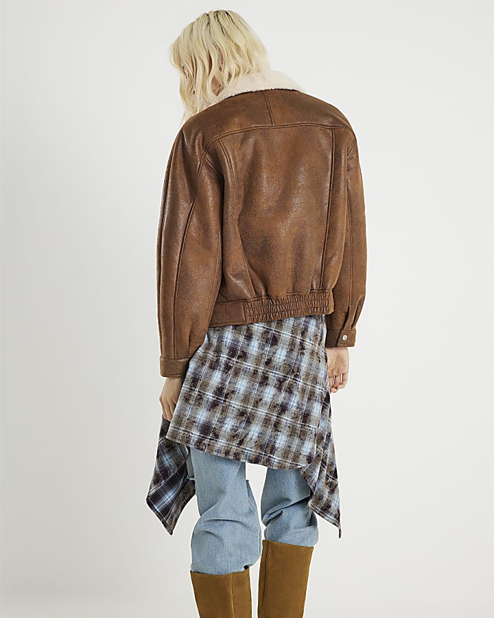 Brown Shearling Trim Biker Jacket