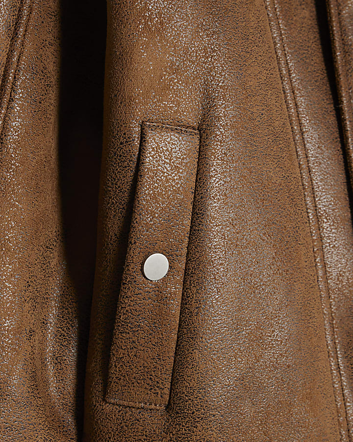 Brown Shearling Trim Biker Jacket