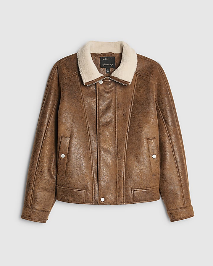 Brown Shearling Trim Biker Jacket