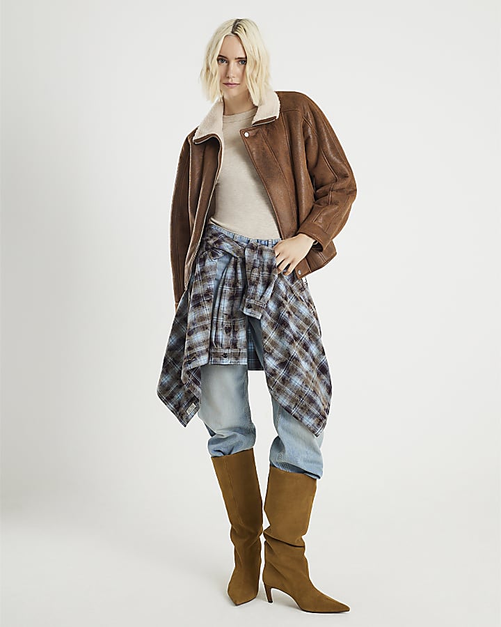 Brown Shearling Trim Biker Jacket