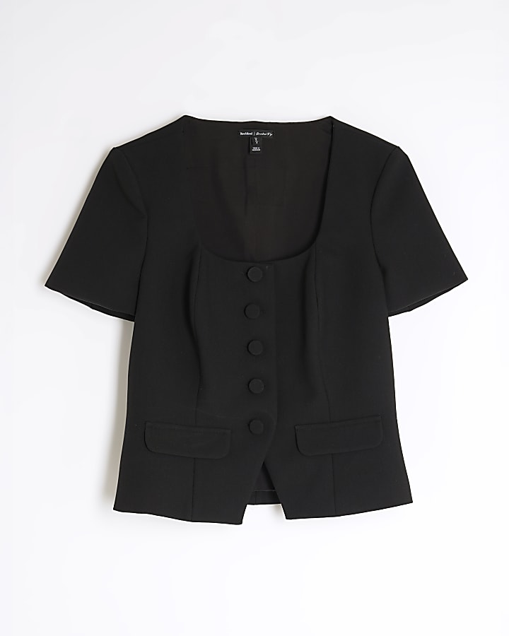 Black Tailored Button Up Top