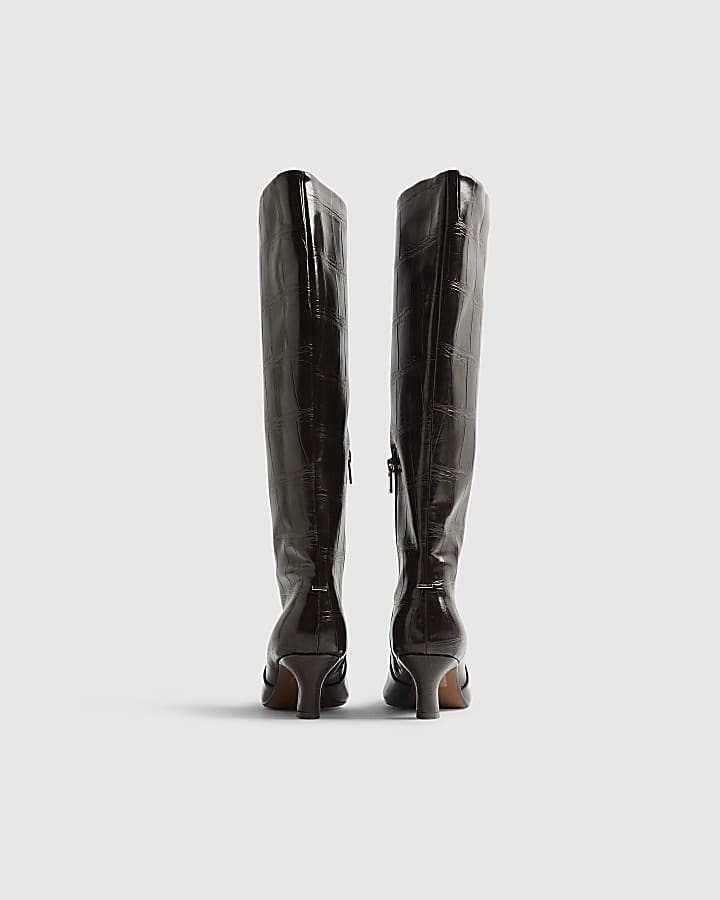 Brown Croc Print Knee High Heeled Boots