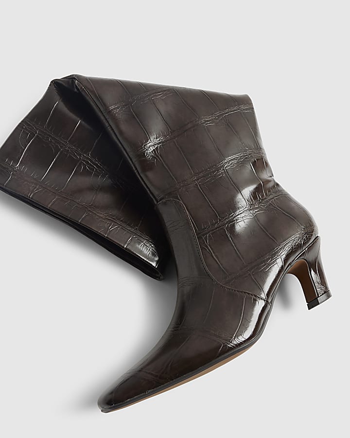 Brown Croc Print Knee High Heeled Boots