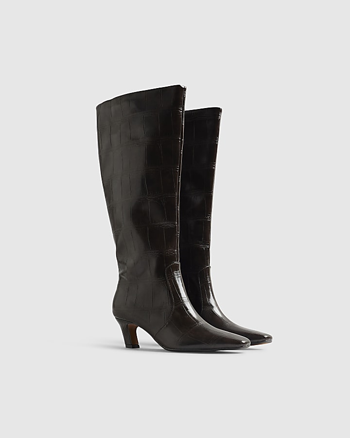 Brown Croc Print Knee High Heeled Boots