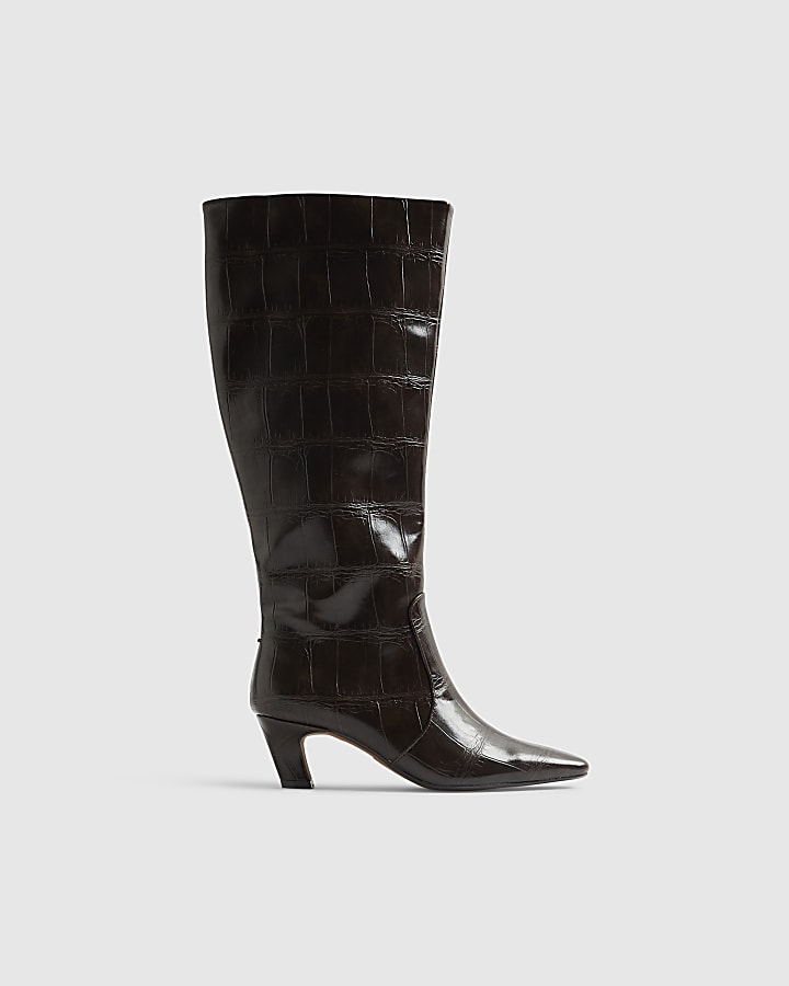 Brown Croc Print Knee High Heeled Boots