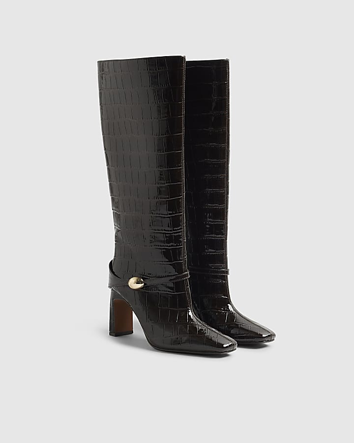 Brown Straight High Leg Hardware Boots