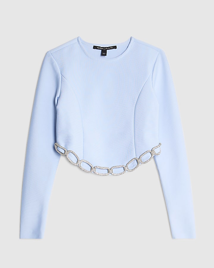 Blue Diamante Chain Detail Cropped Top