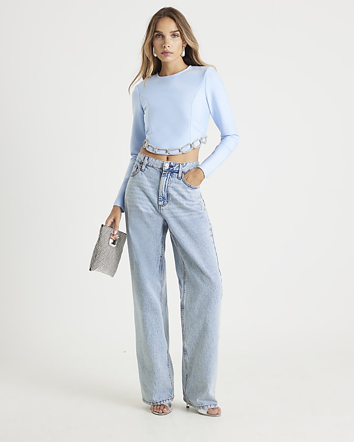 Blue Diamante Chain Detail Cropped Top
