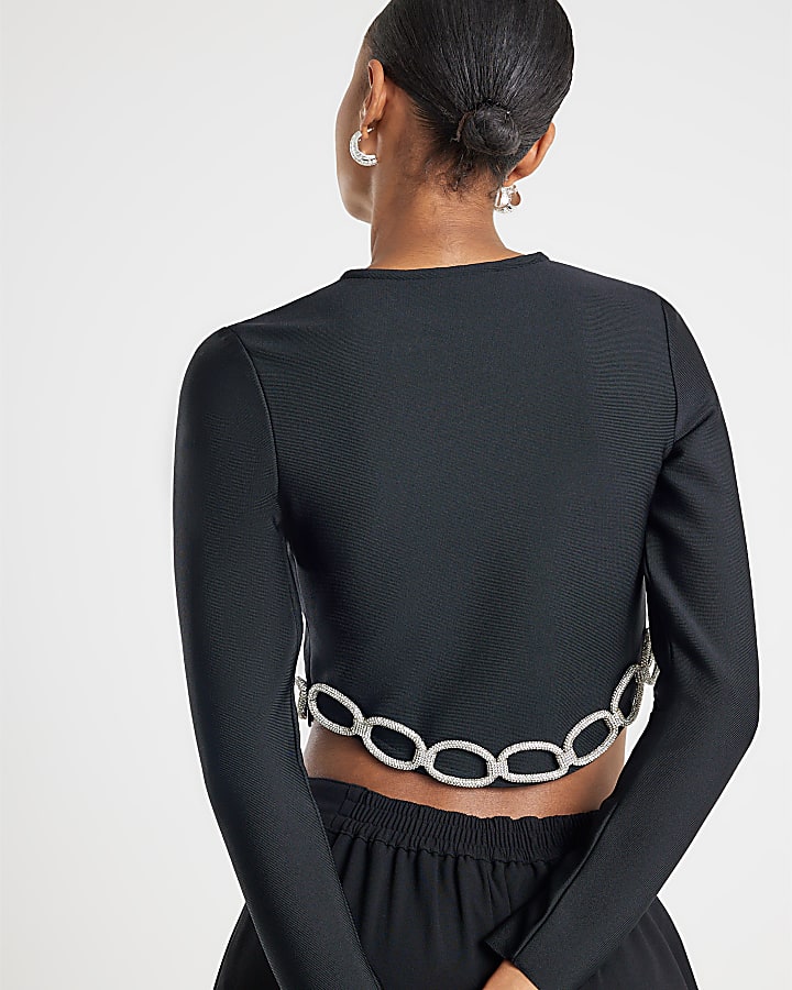 Black Diamante Chain Detail Cropped Top