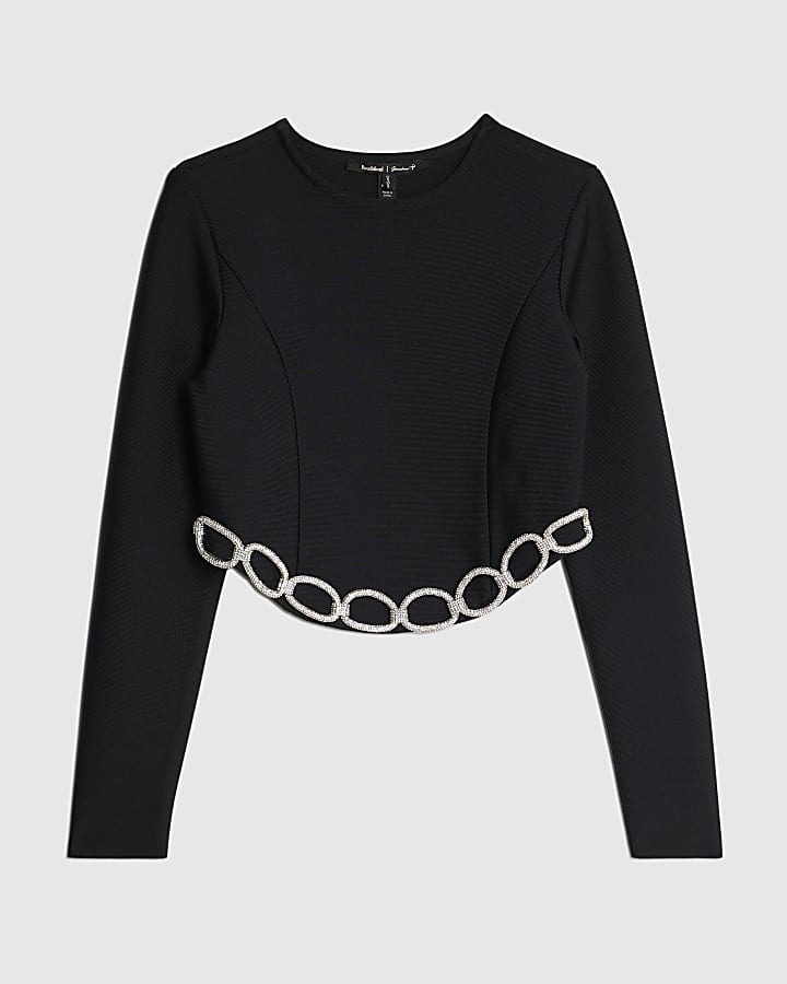 Black Diamante Chain Detail Cropped Top